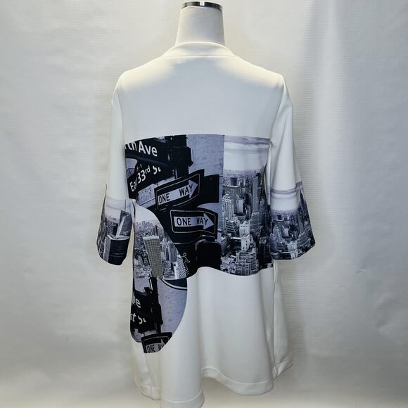 Deca Jacket Womens Large White Black Cityscape Print Graphic Tunic Urban Skyline - Picture 3 of 10